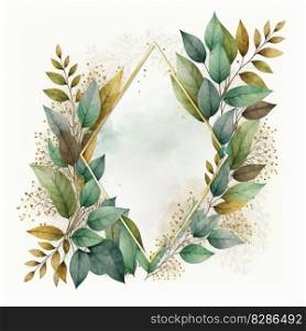 Triangle frame of green and golden leaves with watercolor painting isolated on white background. Theme of vintage minimal art design in geometric. Finest generative AI.. Triangle frame of green and golden leaves with watercolor painting.