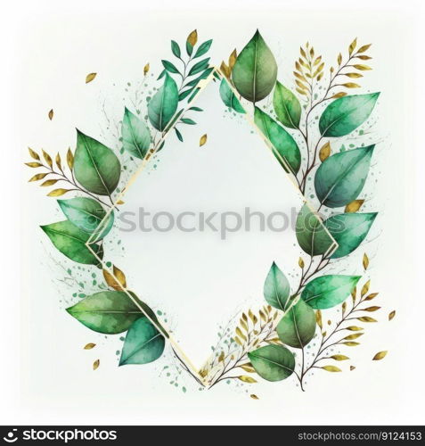 Triangle frame of green and golden leaves with watercolor painting isolated on white background. Theme of vintage minimal art design in geometric. Finest generative AI.. Triangle frame of green and golden leaves with watercolor painting.