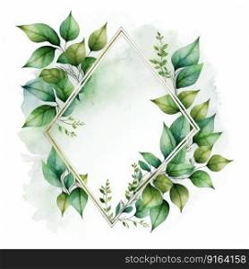 Triangle frame of green leaves with watercolor painting with watercolor painting isolated on white background. Theme of vintage minimal art design in geometric. Finest generative AI.. Triangle frame of green leaves with watercolor painting.