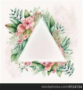Triangle or diamond shape frame of pink flower and green leaves with watercolor painting isolated on white background. Theme of vintage minimal art design in geometric. Finest generative AI.. Triangle frame of pink flower and green leaves with leave watercolor painting.