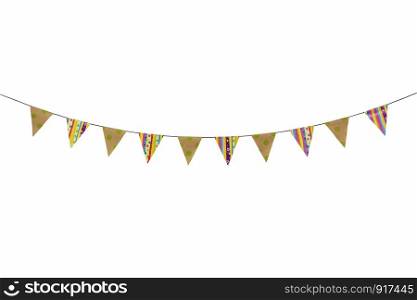 Triangle papers hanging on the rope.For decoration in house.On the white background.