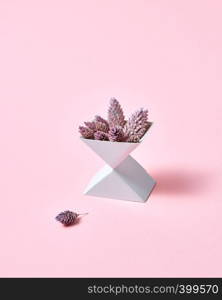 Triangular cardboard box with pine cones on a pink background with copy space. Creative composition. Creative composition of two cardboard boxes with cones on a pink background with space for text. Autumn layout