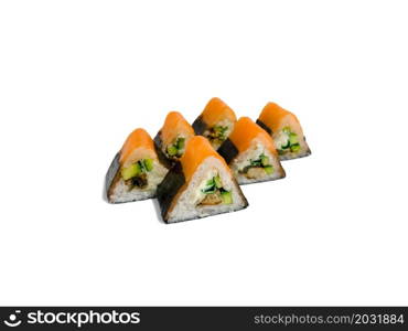 Triangular roll california isolated on white background. Japanese sushi roll with salmon, acne, cucumber, green onions and california cheese.. Triangular roll california isolated on white background. Japanese sushi roll with salmon, acne, cucumber, green onions and california cheese