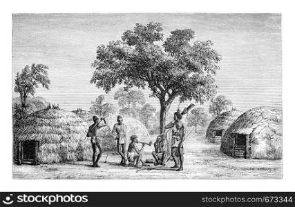 Tribesmen of Mandombe in Congo, Central Africa, drawing by Monteiro, vintage engraved illustration. Le Tour du Monde, Travel Journal, 1881