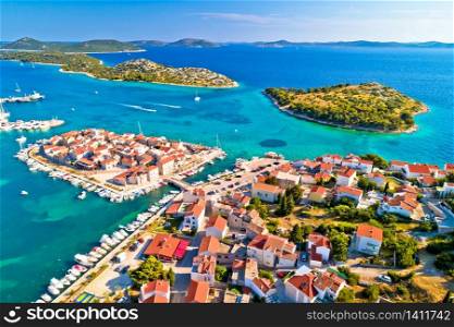 Tribunj old island town and archipelago of central Dalmatia aerial view, Adriatic coast of Croatia