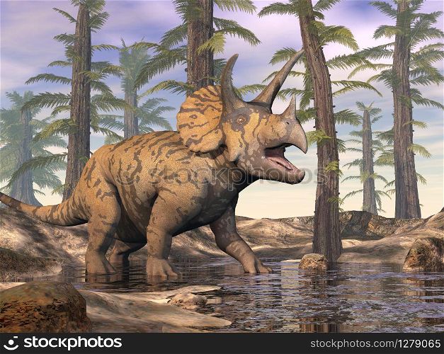 Triceratops walking in a pond in the forest by cloudy day - 3D render. Triceratops walking in a pond in the forest - 3D render