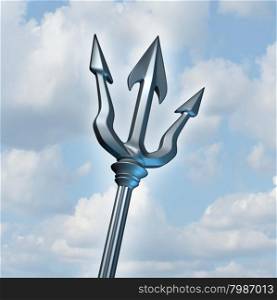 Trident spear concept in perspective on a sky background as a Greek mythology symbol of neptune and Posiedon the god of the sea as a three dimensional weapon to catch fish or fight as a gladiator.