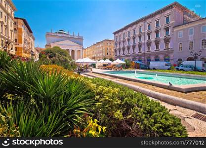 Trieste Piazza Sant Antonio Nuovo fountain and church colorful view, Friuli Venezia Giulia region of Italy