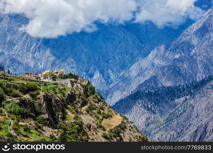 Triloknath village in Himalayas famous for Triloknath Temple with clouds. Lahaul valley, Himachal Pradesh, India. Triloknath village in Himalayas