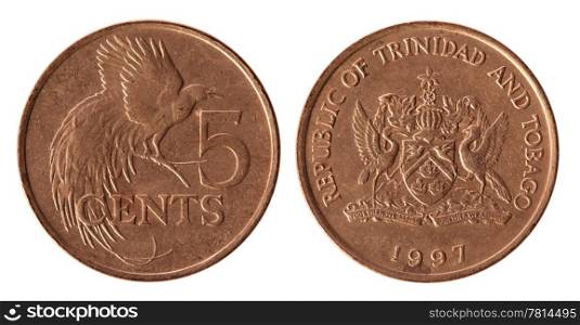 Trinidad and Tobago coin on the white background (1997 year)