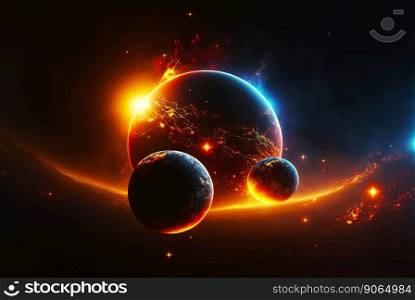 Triple planet system. Strange distant space worlds. Futuristic universe. Generative AI.. Triple planet system. Strange distant space worlds. Futuristic universe. Generative AI
