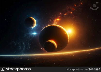 Triple planet system. Strange distant space worlds. Futuristic universe. Generative AI.. Triple planet system. Strange distant space worlds. Futuristic universe. Generative AI