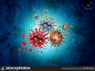 Tripledemic Covid Flu And RSV or respiratory syncytial virus with three pathogen cells dangerous infectious disease cells as a 3D illustration.