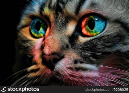 trippy cat, with its eye pupils dilated, staring into the camera, created with generative ai. trippy cat, with its eye pupils dilated, staring into the camera
