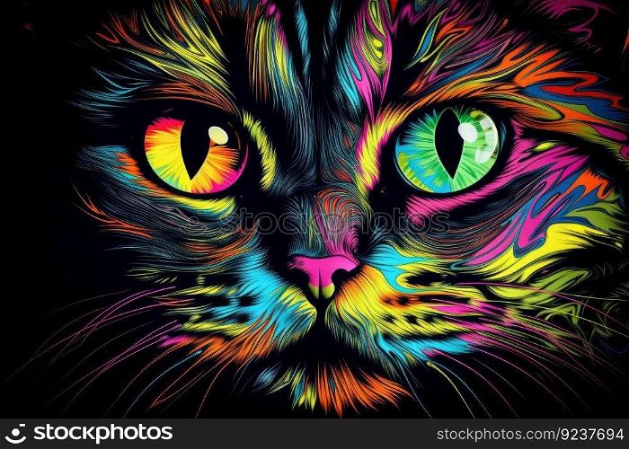 trippy cat with reflective eyes and psychedelic colors, created with generative ai. trippy cat with reflective eyes and psychedelic colors