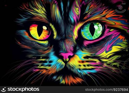 trippy cat with reflective eyes and psychedelic colors, created with generative ai. trippy cat with reflective eyes and psychedelic colors