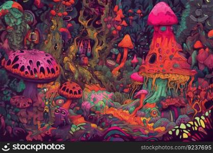 trippy forest with strange and psychedelic creatures, created with generative ai. trippy forest with strange and psychedelic creatures