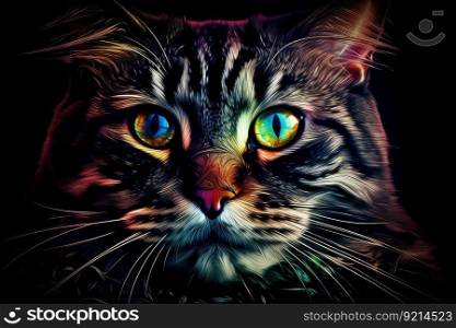 trippy kitty, with its eyes and whiskers in the center of the frame, created with generative ai. trippy kitty, with its eyes and whiskers in the center of the frame