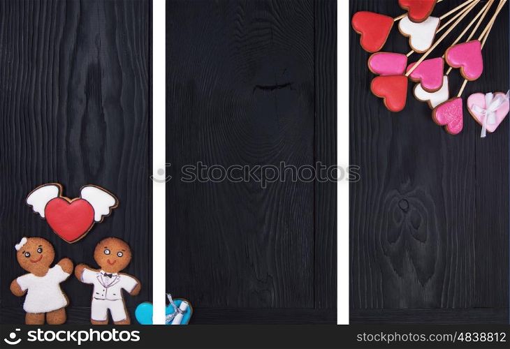 Triptych of Gingerbreads for Valentines Day or wedding theme on black wooden background, ready for design