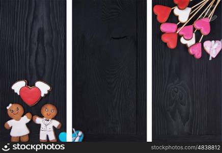 Triptych of Gingerbreads for Valentines Day or wedding theme on black wooden background, ready for design