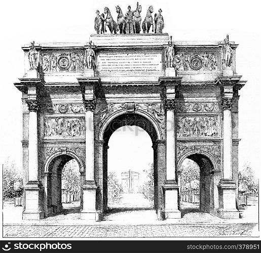 Triumphal arch of the Place du Carrousel, vintage engraved illustration. Paris - Auguste VITU ? 1890.