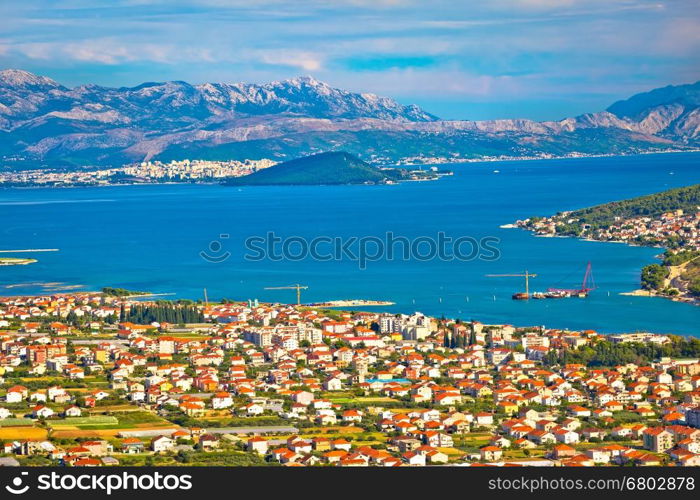 Trogir bay, Ciovo island, city of Split and Biokovo mountain panorama, Dalmatia, Croatia