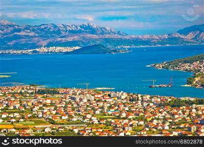 Trogir bay, Ciovo island, city of Split and Biokovo mountain panorama, Dalmatia, Croatia