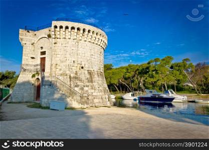 Trogir old stone tower by the sea, Dalmatia, Croatia