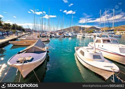 Trogir. Town of Trogir sailing turquoise harbor view, tourist coast of Dalmatia, Croatia 