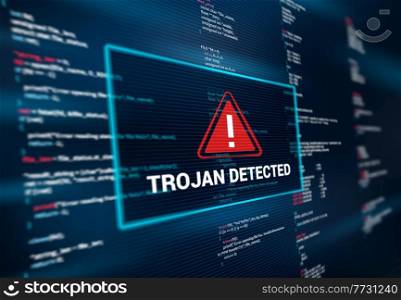 Trojan detected warning alert message on computer screen. Hacking attack, spyware and malware software vector background, backdrop with program code line and red warning sign on computer screen. Trojan detected warning alert message background