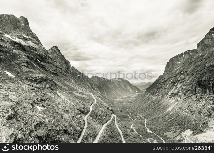 Trolls Path Trollstigen or Trollstigveien winding scenic mountain road in Norway Europe. Trolls Path Trollstigen mountain road in Norway