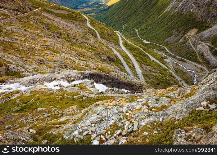Trolls Path Trollstigen or Trollstigveien winding scenic mountain road in Norway Europe. National tourist route.. Trollstigen mountain road in Norway