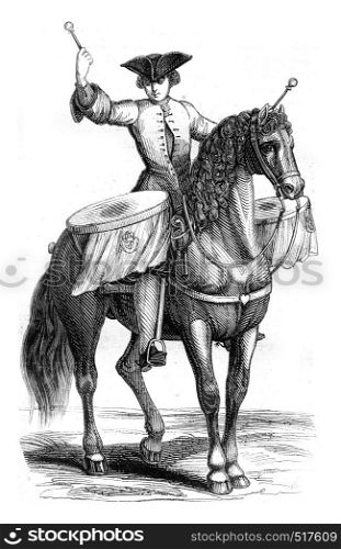 Trombonist a horse, vintage engraved illustration. Magasin Pittoresque 1845.