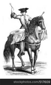 Trombonist a horse, vintage engraved illustration. Magasin Pittoresque 1845.