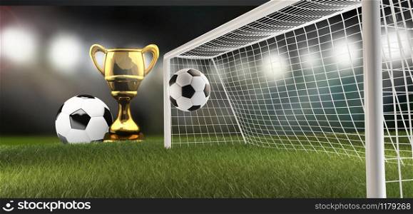 trophy and soccer football ball and soccer goal 3d-illustration