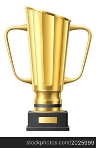 Trophy award mockup. Golden winner cup in realistic style isolated on white background. Trophy award mockup. Golden winner cup in realistic style