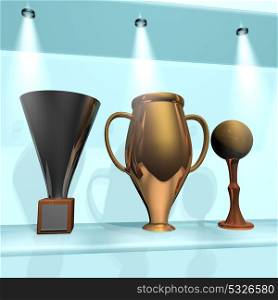 Trophy room with three cups over shelf, 3d render
