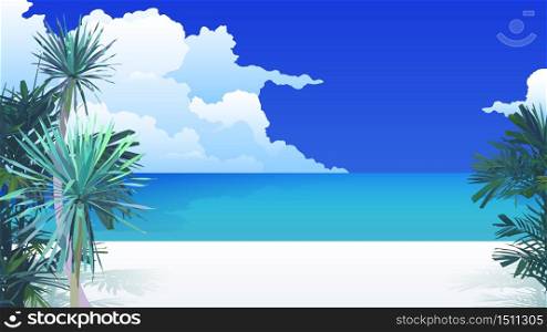 Tropic summer paradise beach scene graphic illustration template with space for text, flat simple vector Design