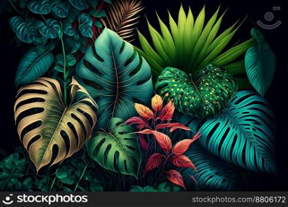 Tropical background from tropical flowers, leaves