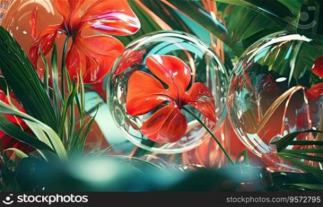 Tropical background with glassmorphism elements: vibrant palm leaves and geometric shapes creating a 3D effect. Perfect for modern design. Created with generative AI tools. Tropical background with glassmorphism elements. Created by AI