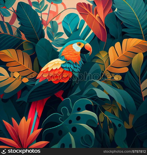 Tropical background with jungle plants and exotic birds. 