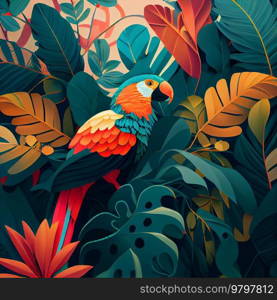 Tropical background with jungle plants and exotic birds. 