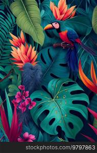 Tropical background with jungle plants and exotic birds. 