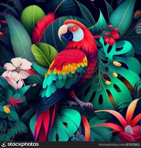 Tropical background with jungle plants and exotic birds. 