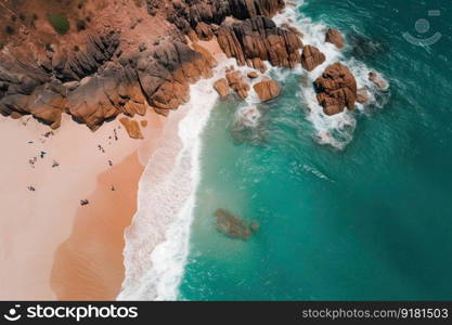 Tropical beach as seen from above. Beautiful blue Sea with lush trees. Generative AI