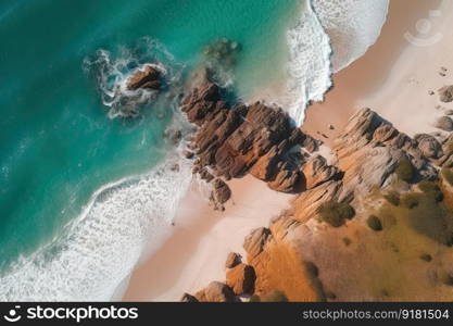 Tropical beach as seen from above. Beautiful blue Sea with lush trees. Generative AI