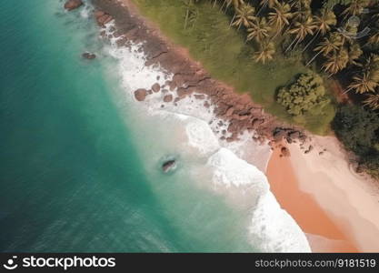 Tropical beach as seen from above. Beautiful blue Sea with lush trees. Generative AI