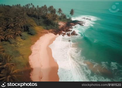 Tropical beach as seen from above. Beautiful blue Sea with lush trees. Generative AI