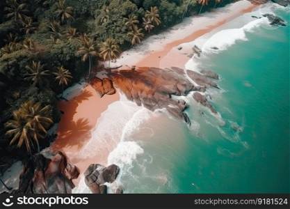 Tropical beach as seen from above. Beautiful blue Sea with lush trees. Generative AI
