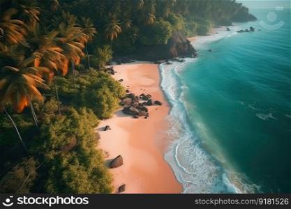 Tropical beach as seen from above. Beautiful blue Sea with lush trees. Generative AI